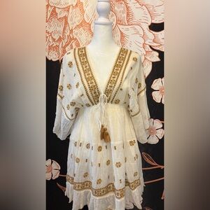 Papa Pia Boho Embroidered Mini Dress in Cream and Beige